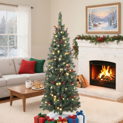 HOMCOM 5 ft Pencil Prelit Christmas Tree with LED Light, Silver Glitter, Dense Pointed Branches, 8 Modes, Slim Xmas Tree