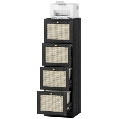HOMCOM 4 Drawer Filing Cabinet with Lock, Boho File Cabinet for A4 Letter Size Files with Decorative Rattan Accents, Black