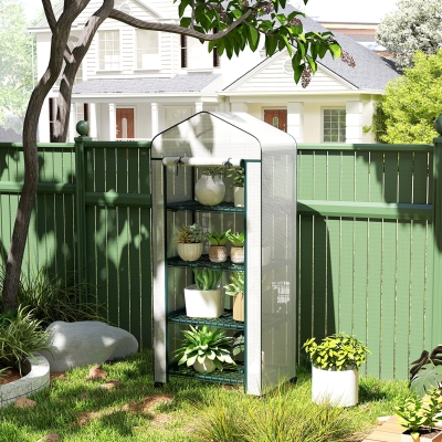 Outsunny Portable Greenhouse, Outdoor Hot House Plant Flower Greenhouse with 4 Tier Shelves, PE Cover, White