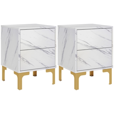 HOMCOM Faux Marbled Bedside Tables Set of 2, Accent Nightstands with Drawers for Bedroom, Living Room, White