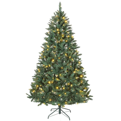 HOMCOM 7 ft Frosted Prelit Christmas Tree, Full Spruce Xmas Tree with Dual Colour LED Light, Hinged Xmas Tree, Easy Assembly