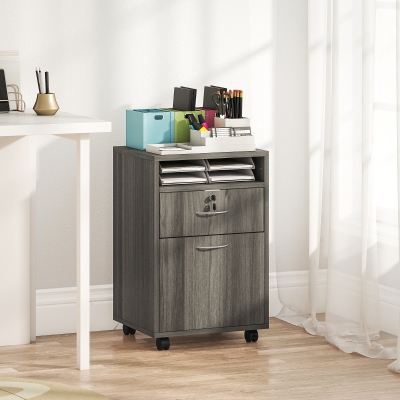 HOMCOM 24" Filing Cabinet with Open Compartment, Lockable Drawer and Wheels, Home Office Storage Cabinet, Distressed Grey