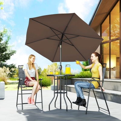 Outsunny 4 Piece Patio Bar Set, Sling Folding Outdoor Furniture with Brown Umbrella for Poolside, Backyard and Garden, Black
