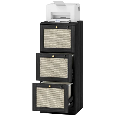 HOMCOM 3 Drawer Filing Cabinet with Lock, Boho File Cabinet for A4 Letter Size Files with Decorative Rattan Accents, Black