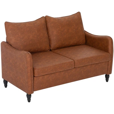 HOMCOM 55" Loveseat Sofa, Small 2 Seater Couch with Solid Wood Legs, Modern PU Leather Upholstered Sofa for Small Spaces, Brown