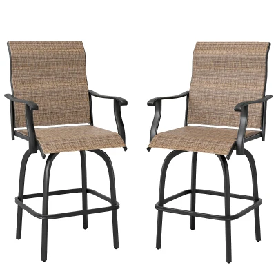 Outsunny Outdoor Bar Stools Set of 2, Swivel Bar Height Chairs with High Back, Curved Armrests and Steel Frame for Balcony, Brown
