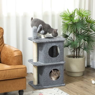 PawHut 31.5" Cat Tree, Multi-Level Cat Tower with 2 Condos and Soft Plush Perches for 1-2 Cats, Grey
