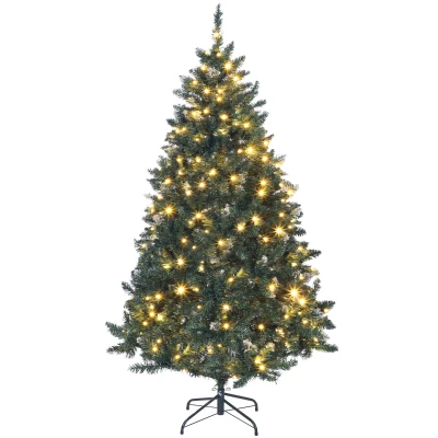 HOMCOM 6 ft Frosted Prelit Christmas Tree, Full Spruce Xmas Tree with Dual Colour LED Light, Hinged Xmas Tree, Easy Assembly
