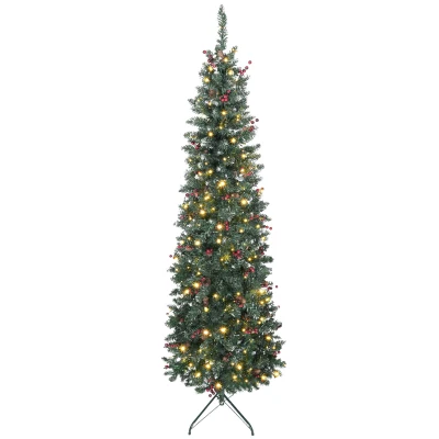 HOMCOM 7 ft Pencil Prelit Christmas Tree with LED Light, Silver Glitter, Dense Pointed Branches, 8 Modes, Slim Xmas Tree