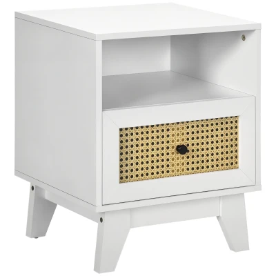 HOMCOM Bedside Table with Rattan Element, Side End Table with Drawer and Shelf, 17.7"x15.4"x22.2", White