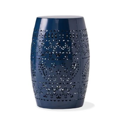 Lace-Cut Metal Side Table with All-metal Construction, Outdoor Accent Table with Barrel Shape Design, 12" L x 12" W x 18" H, Dark Blue