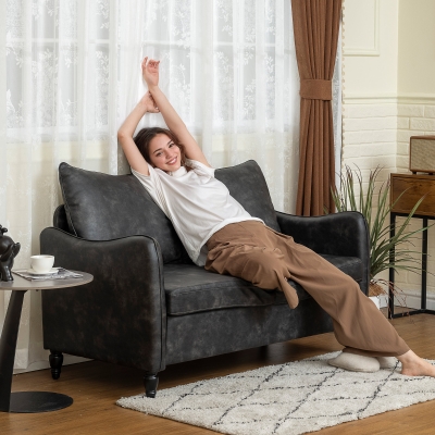 HOMCOM 55" Loveseat Sofa, Small 2 Seater Couch with Solid Wood Legs, Modern PU Leather Upholstered Sofa for Small Spaces, Grey