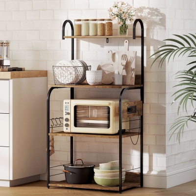 HOMCOM Baker's Rack with Charing Station, Microwave Shelf with Power Outlet, USB Charger and 4 Hooks, Rustic Brown