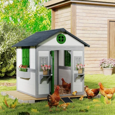 Outsunny Wooden Kids Playhouse Outdoor with Doors & Planter Boxes, White