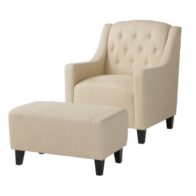 Tufted Fabric Chair and Footrest Set with Birch Wood Frame, Plush Upholstery, Ideal for Living Room, Bedroom, 29.5" L x 32" W x 37" H, Beige