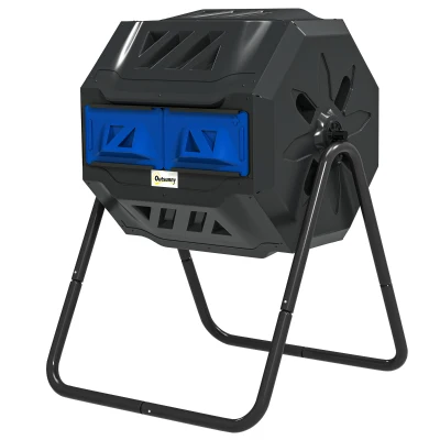 Outsunny Tumbling Compost Bin Outdoor Dual Chamber 360° Rotating Composter 43 Gallon with Sliding Doors, Blue