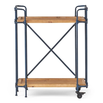 Firwood and Iron Bar Cart with Wheels, 2-Tier Mobile Serving Cart with Cross-Back Motif, 28" L x 17.5" W x 33" H, Wood+Black