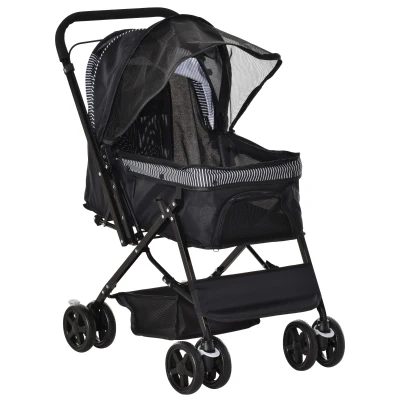 PawHut Foldable Cat Dog Travel Carriage, 4 Wheels Pet Stroller with EVA Wheel Brake, 3-stage Canopy, Mesh Window Door, Black