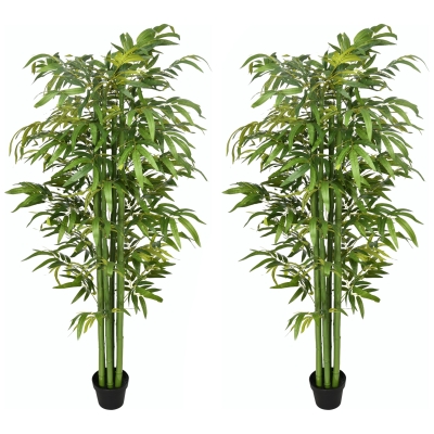 HOMCOM Set of 2 6 FT Artificial Tree Bamboo Tree Fake Plants in Pot for Home Office Living Room Decor, Green