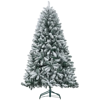HOMCOM 6 Foot Artificial Flocked Christmas Tree with Snow, Metal Stand, Hinged Xmas Tree for Home Office Holiday