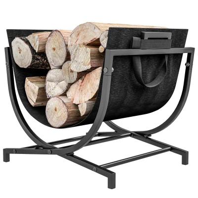 Outsunny Firewood Rack Outdoor, Foldable 17 Inch Fireplace Log Holder for Indoor, with Removable Log Carrier, Black