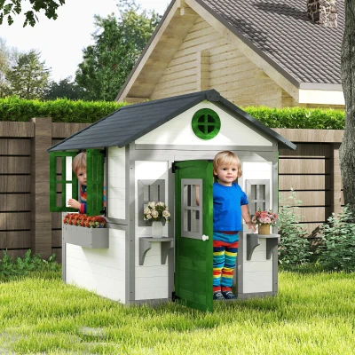 Outsunny Wooden Kids Playhouse Outdoor with Doors & Planter Boxes, White