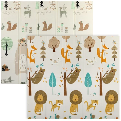 Qaba Double Sided Baby Play Mat, Reversible & Waterproof Foldable Crawling Mat, Animal Theme