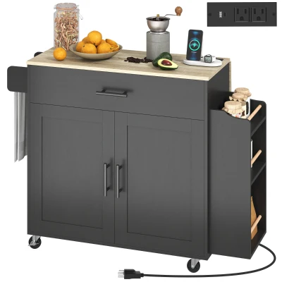 HOMCOM Kitchen Island with Storage, Rolling Kitchen Cart with Foldable Drop Leaf, Power Outlet and USB Ports, Black