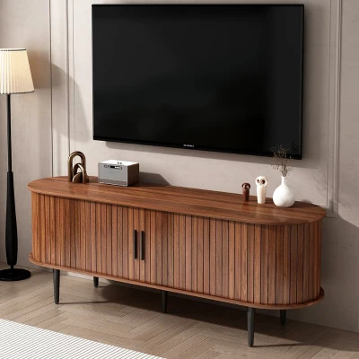 55" Modern TV Stand with Storage Compartment and Sliding Door, Walnut