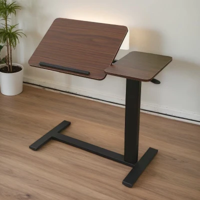 Folding Overbed Bedside Desk with Tilting Tray, Walnut+Black