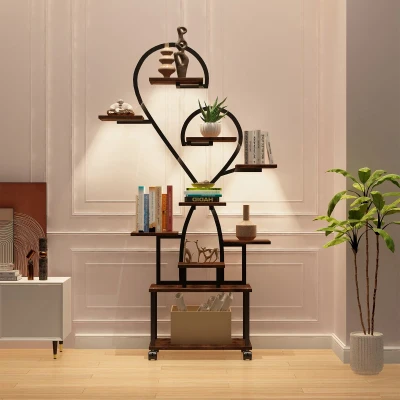 Heart-Shaped Indoor Plant Stand with Grow Lights, Black+Dark Walnut