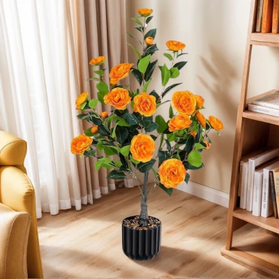 36" Faux Camellia Plant in Pot with Orange Flowers, Black+Orange