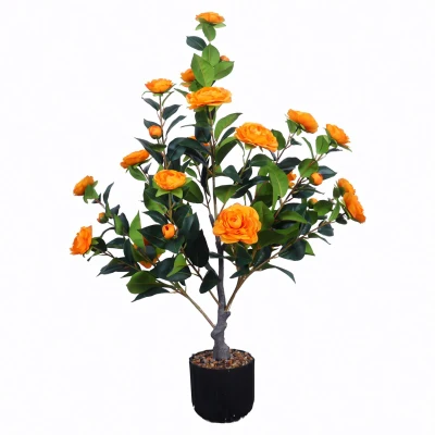 36" Faux Camellia Plant in Pot with Orange Flowers, Black+Orange