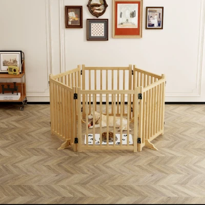 6-Panel Wooden Freestanding Dog Gate, Natural
