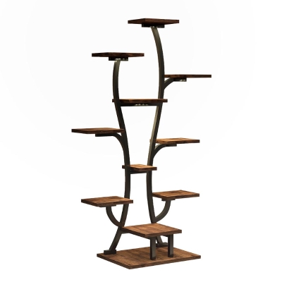 Indoor Plant Stand with Adjustable Grow Lights, Black+Dark Walnut
