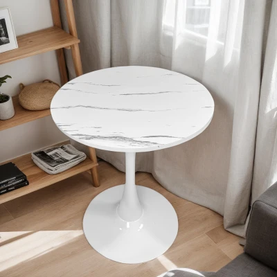 Marble Texture Round Dining Table with MDF Top and Steel Base, White Marble