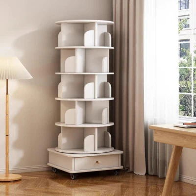Rotating Bookshelf with Drawer and 360-Degree Display, White