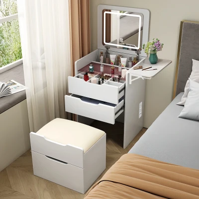 3-in-1 Makeup Vanity Desk with Hidden Panel and Charging Station, White