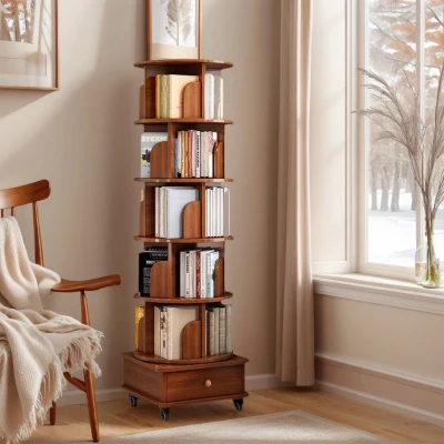 6-Tier Rotating Bookshelf with Wheels, Walnut Brown