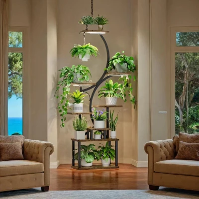 8-Tier Indoor Plant Stand with Grow Lights, Black+Dark Walnut
