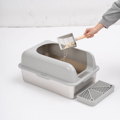 Enclosed Stainless Steel Cat Litter Box with Lid, Grey