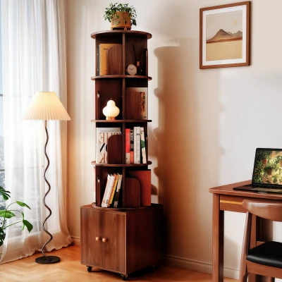 5-Tier 360-Degree Rotating Corner Bookshelf with Drawer, Walnut Brown