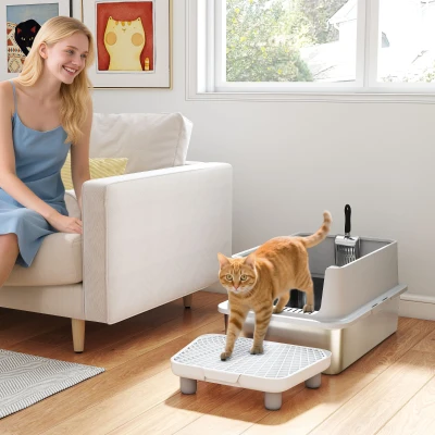 PawHut XL Stainless Steel Cat Litter Box with Scoop & Pad, Non-Sticky