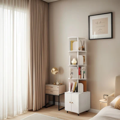 Rotating Bookshelf with Drawer and 360-Degree Display, White