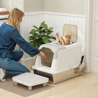 PawHut XL Stainless Steel Enclosed Cat Litter Box with Scoop