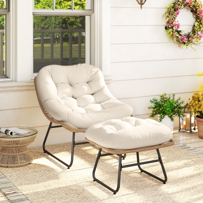 Outsunny Rattan Chair w/ Stool, Cushion, Adjustable Foot Pads, Natural