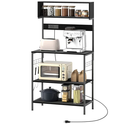 HOMCOM Baker's Rack with Charing Station, Microwave Shelf with Power Outlet, USB Charger and 5 Hooks, Black