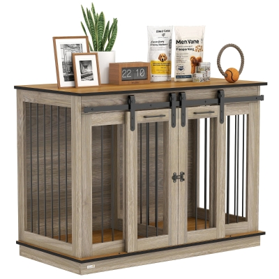 PawHut Dog Crate End Table, Oak for Large & 2 Small Dogs