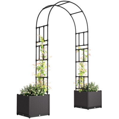 Outsunny 8ft Garden Arch with Two Planters Outdoor Steel Trellis Arbor for Climbing Plants, Weddings, Party, Brown, Black