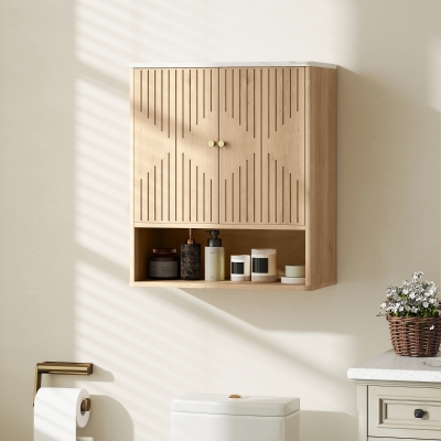 HOMCOM Bathroom Wall Cabinet, Wall-Mounted Medicine Cabinet with Adjustable Shelf, Open Shelf and Marble Effect Top, Oak